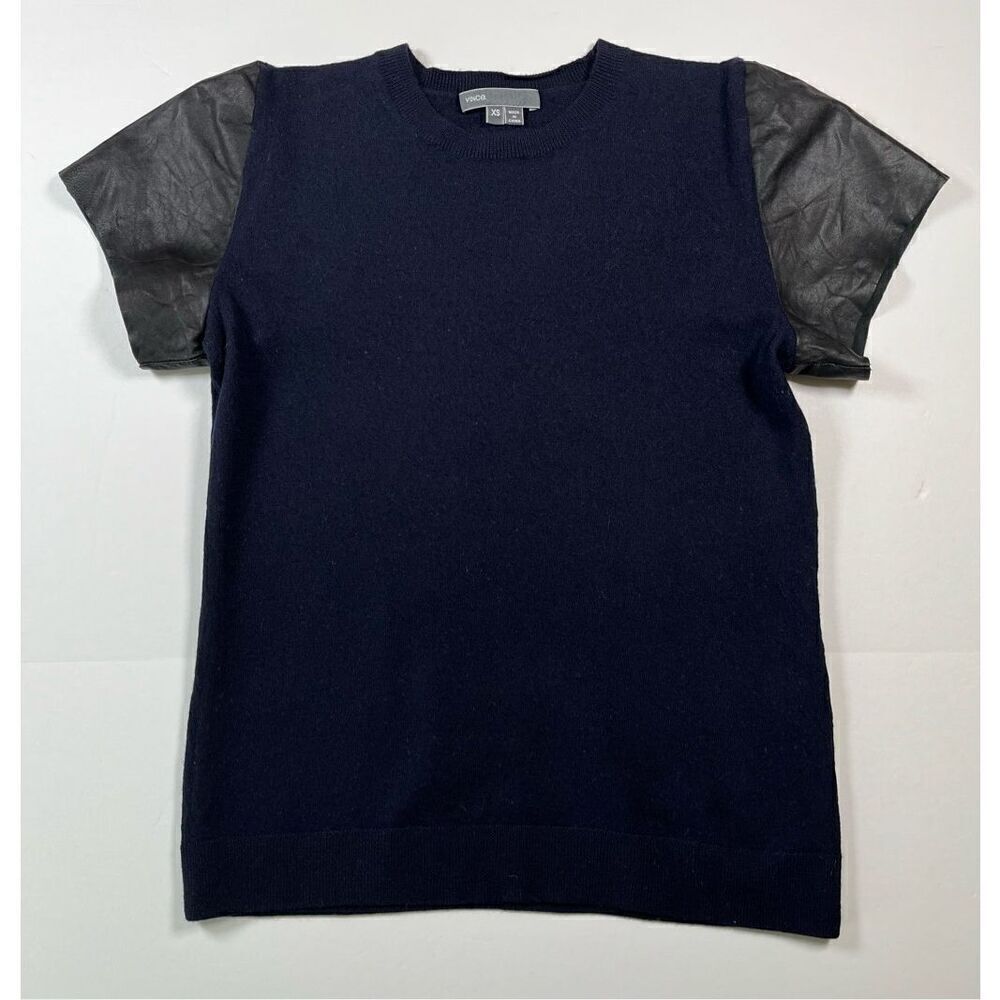 Vince 100%Wool Blue Crewneck Sweater Black Leather Short Sleeve Size Extra Small